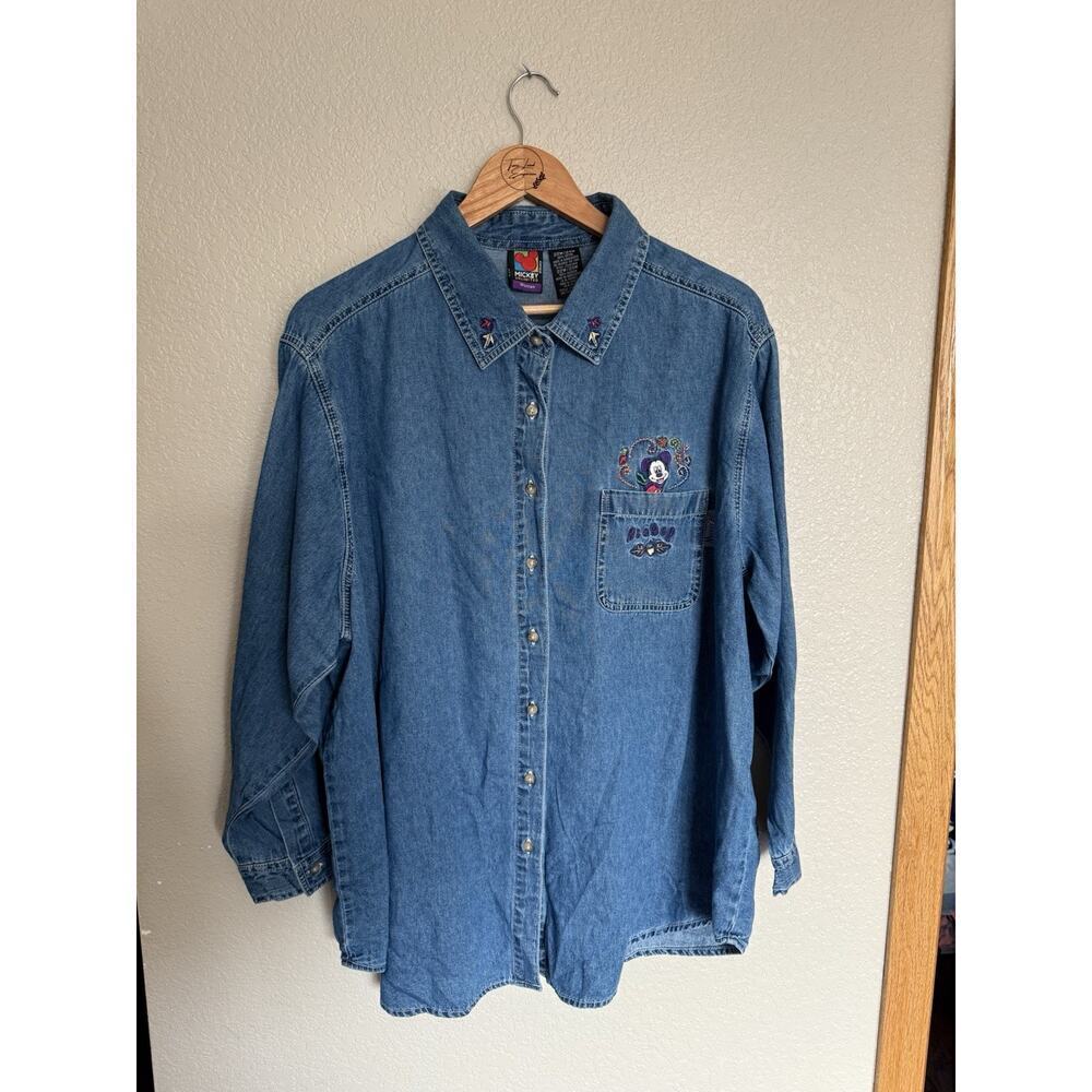 Vintage Mickey Unlimited Denim Embroidered Button Down Shirt 22/24W Jerry Leigh